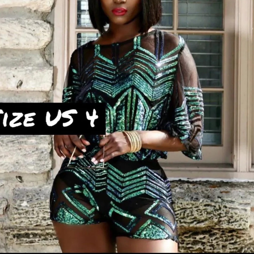 Green Sequin Mesh Shorts Set